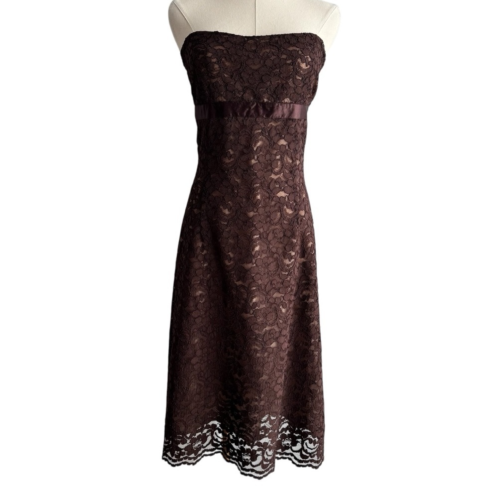 Y2K RW&Co Strapless Lace Cocktail Dress Sz 8 Chocolate Brown Midi Empire Waist